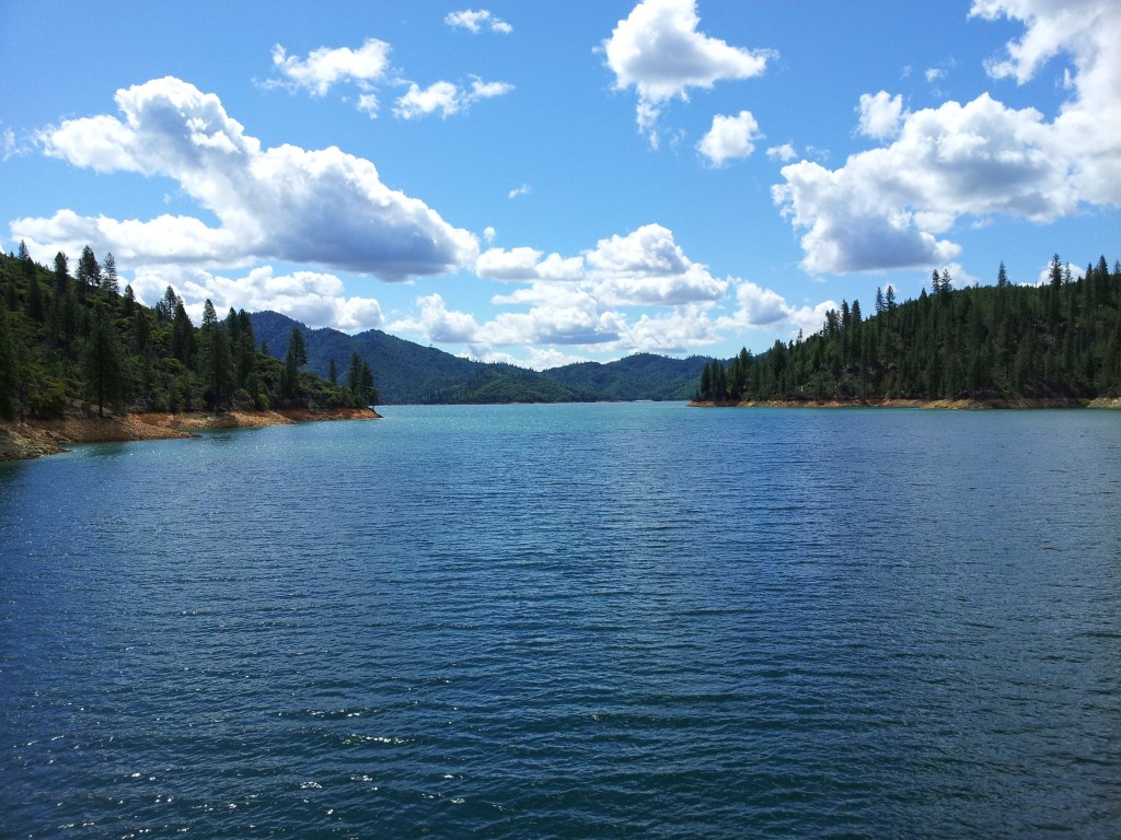 Shasta Lake, with trees, clouds, and mountains.
